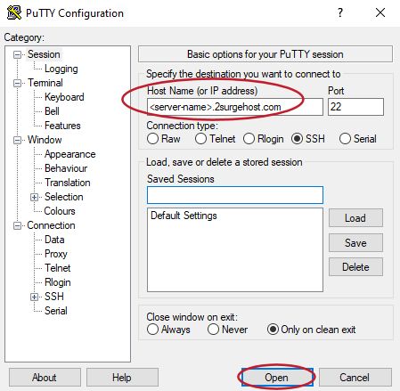 Entering your server name into the Putty Host Name field