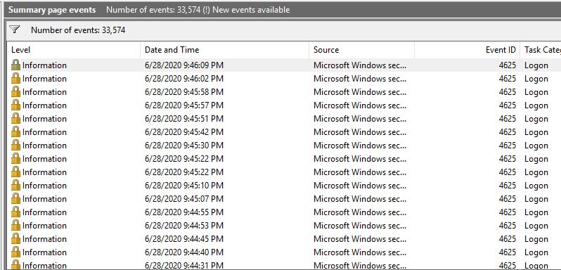 Multiple invalid login attempts in Event Viewer error 4625